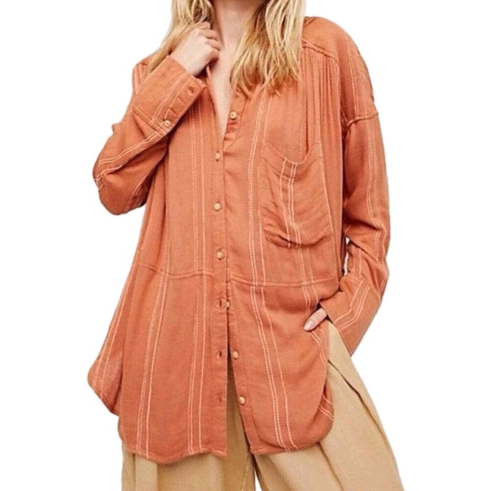 Free People Orange Textured Stripe Gauze Cotton Cozy Nights Button Down Shirt